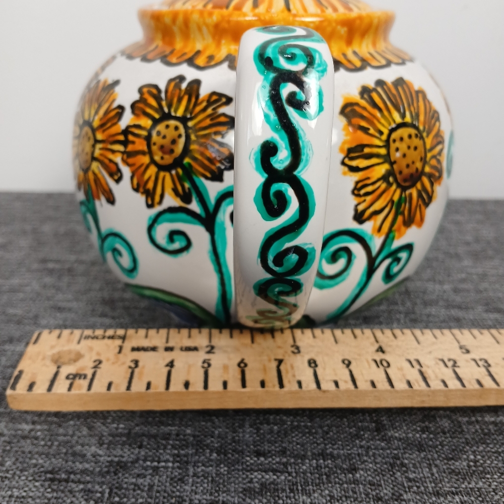 Sunflower Teapot Farmhouse Kitchen Decor Ceramic White Handpainted Floral Lid 8" - Picture 11 of 11